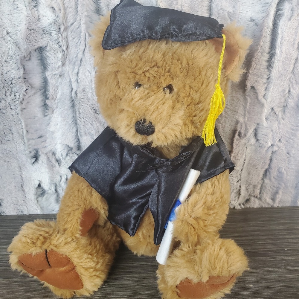 Graduation Brown Teddy Bear Black Cap & Gown, Holding Diploma - 10" Snuggie Toy